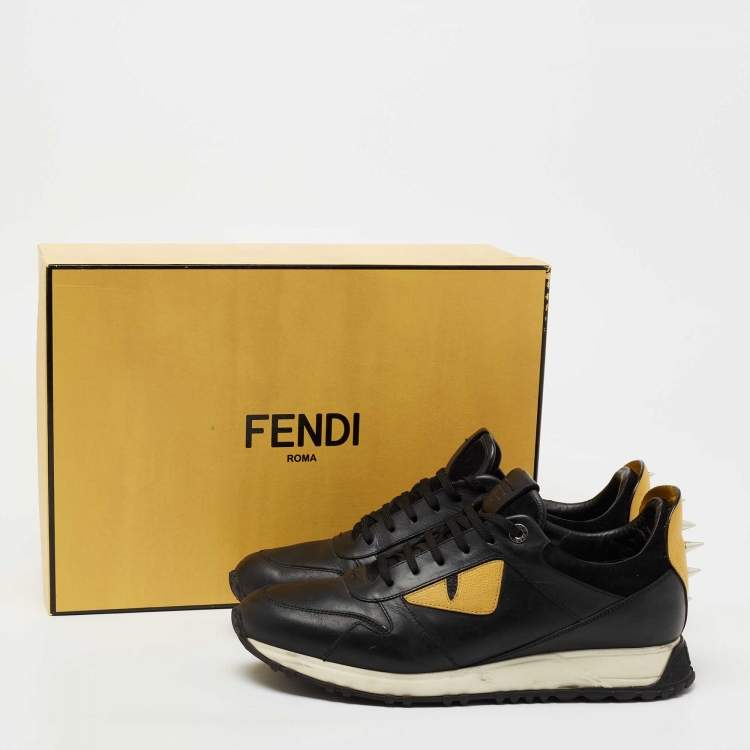 Pre Owned Fendi Black/Yellow Leather And Suede Monster Studded Sneakers Size 40