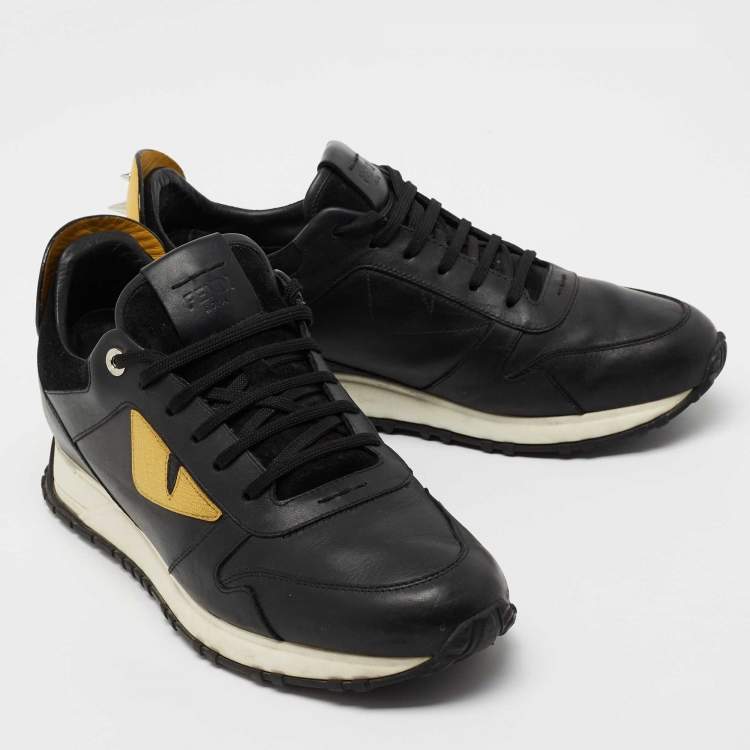 Pre Owned Fendi Black/Yellow Leather And Suede Monster Studded Sneakers Size 40