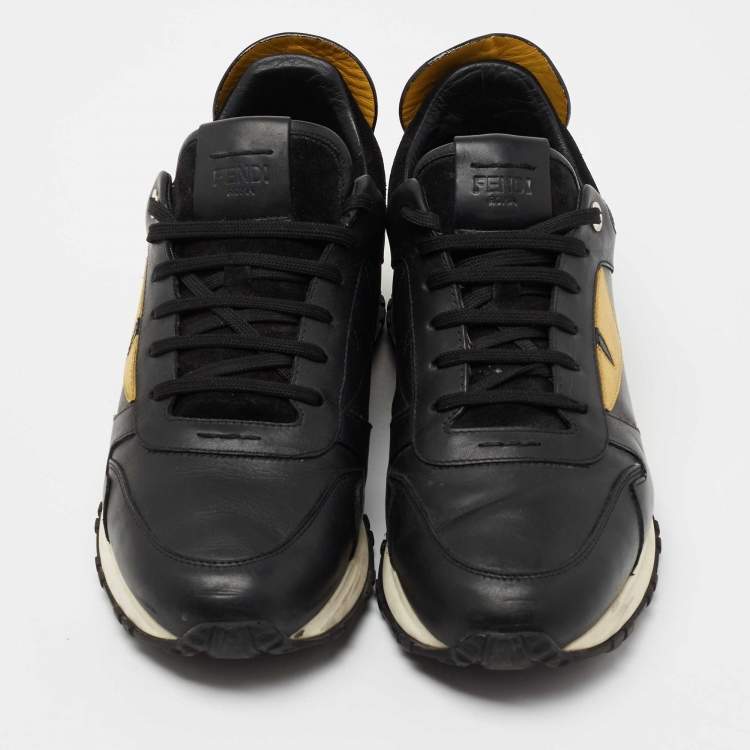 Pre Owned Fendi Black/Yellow Leather And Suede Monster Studded Sneakers Size 40