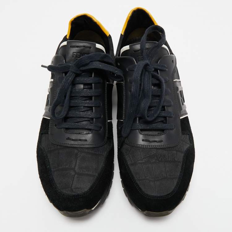 Pre Owned Fendi Black/Yellow Leather, Suede and Printed Fabric Low Top Sneakers Size 42.5