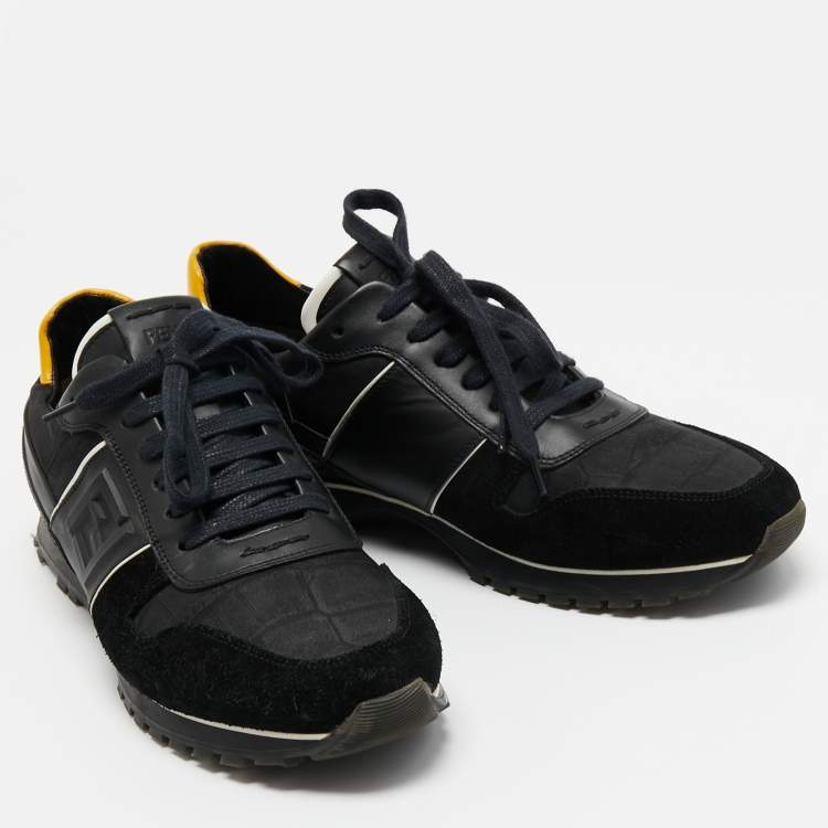 Pre Owned Fendi Black/Yellow Leather, Suede and Printed Fabric Low Top Sneakers Size 42.5