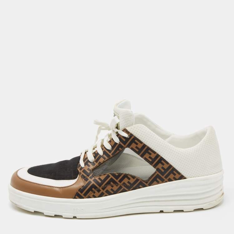 Pre Owned Fendi Tri Color Zucca Leather and Mesh Low Top Sneakers Size 44