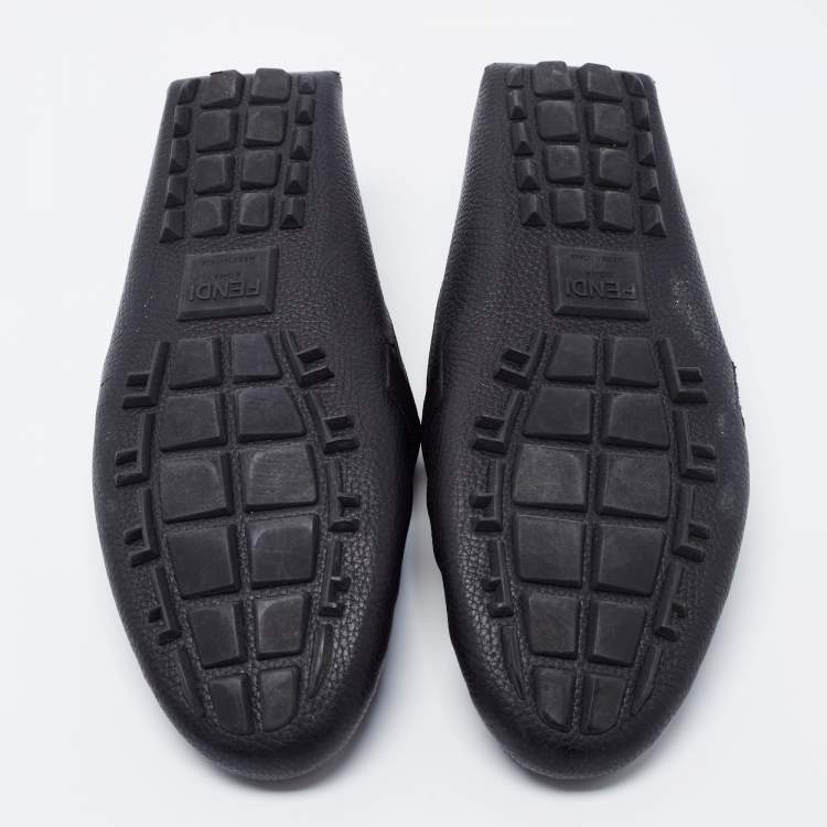 Pre Owned Fendi Black Leather FF Slip On Loafers Size 43 