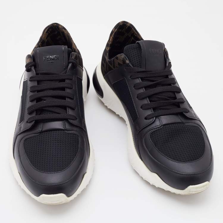 Pre Owned Fendi Black/Brown Leather and Zucca Fabric Low Top Sneakers Size 42