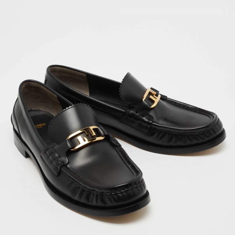 Pre Owned Fendi Black Leather Fendi O' Lock Loafers Size 41.5