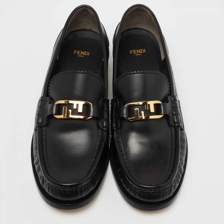 Pre Owned Fendi Black Leather Fendi O' Lock Loafers Size 41.5