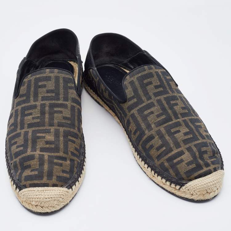 Pre Owned Fendi Brown/Black Zucca Canvas and Leather Espadrille Smoking Slippers Size 43