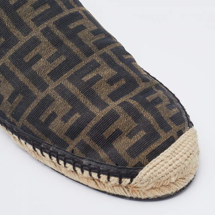 Pre Owned Fendi Brown/Black Zucca Canvas and Leather Espadrille Smoking Slippers Size 43