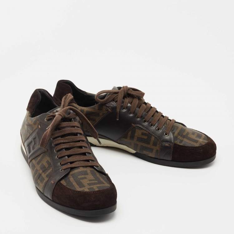 Pre Owned Fendi Brown Zucca Canvas and Leather Low Top Sneakers Size 44.5 