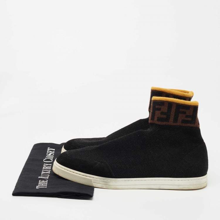 Pre Owned Fendi Black Suede and Knit Fabric Zucca Print High Top Sneakers Size 41.5