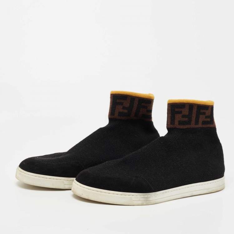Pre Owned Fendi Black Suede and Knit Fabric Zucca Print High Top Sneakers Size 41.5