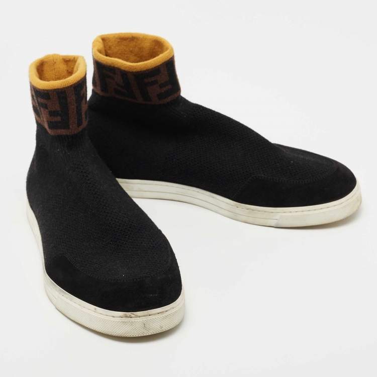Pre Owned Fendi Black Suede and Knit Fabric Zucca Print High Top Sneakers Size 41.5