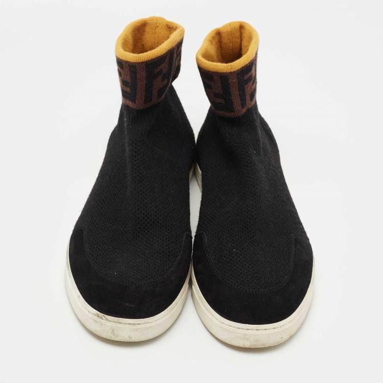 Pre Owned Fendi Black Suede and Knit Fabric Zucca Print High Top Sneakers Size 41.5