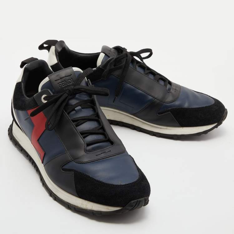 Pre Owned Fendi Black/Blue Leather and Suede Low Top Sneakers Size 43