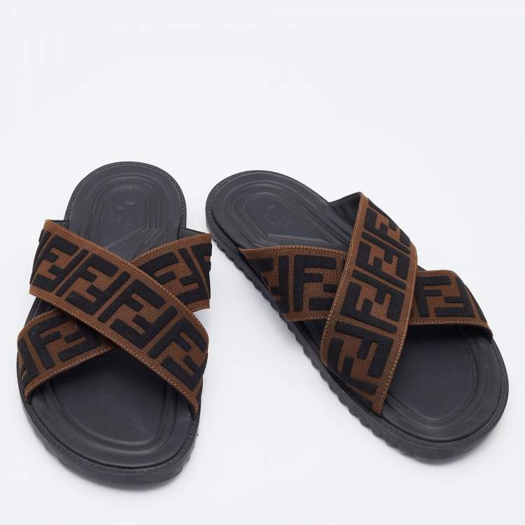 Pre Owned Fendi Brown/Black Zucca Canvas Crisscross Slide Sandals Size 41