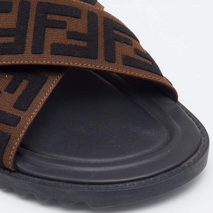 Pre Owned Fendi Brown/Black Zucca Canvas Crisscross Slide Sandals Size 41