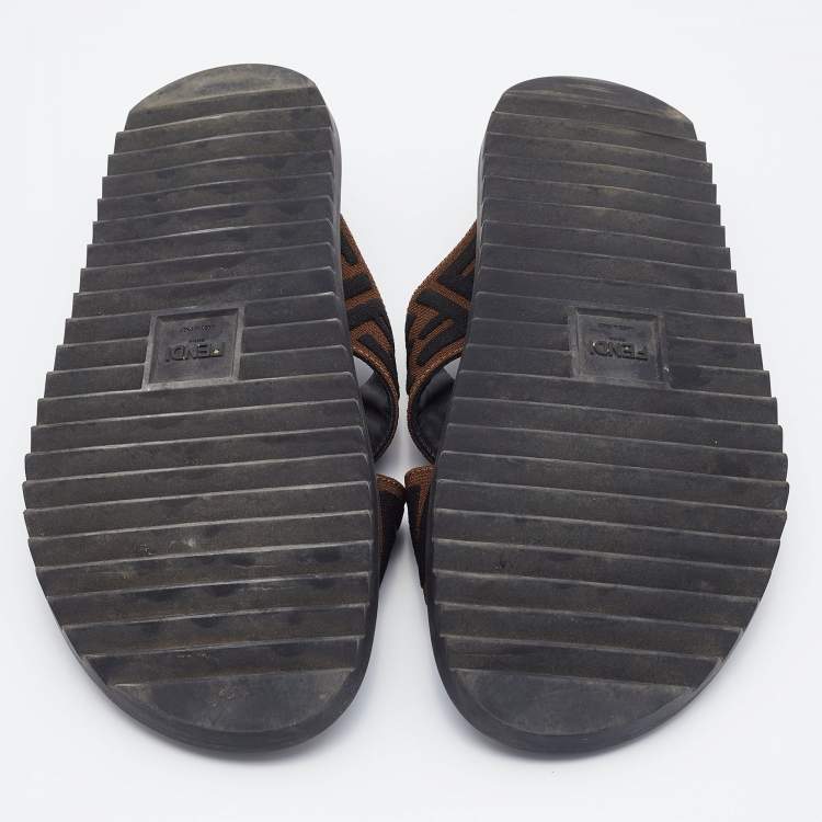 Pre Owned Fendi Brown/Black Zucca Canvas Crisscross Slide Sandals Size 41