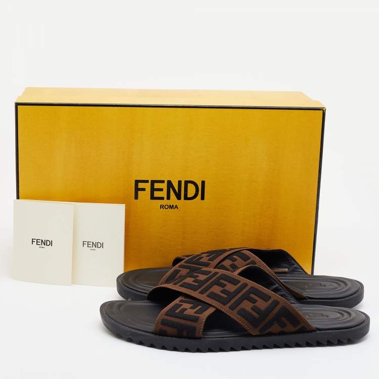 Pre Owned Fendi Brown/Black Zucca Canvas Crisscross Slide Sandals Size 41