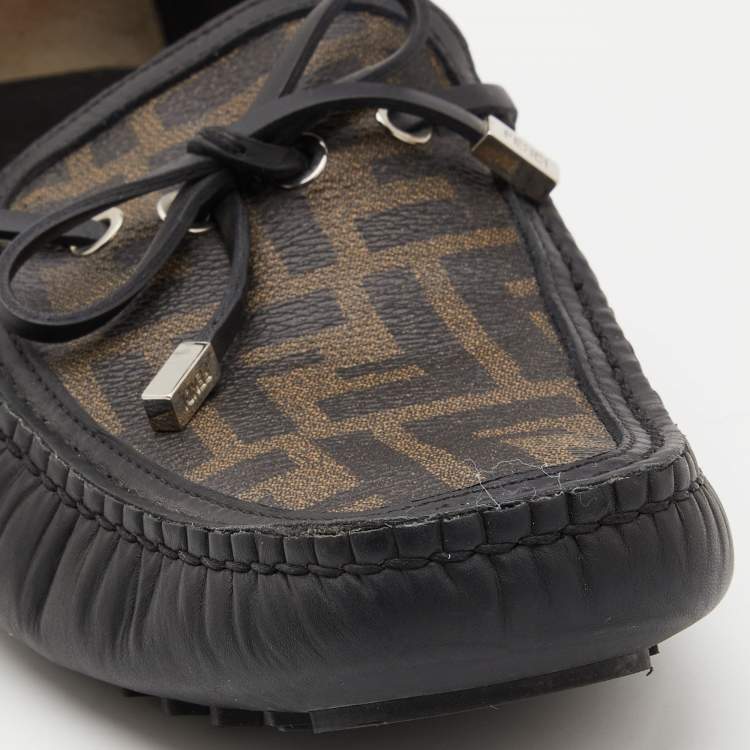 Pre Owned Fendi Brown/Black Zucca Canvas and Leather Bow Loafers Size 43