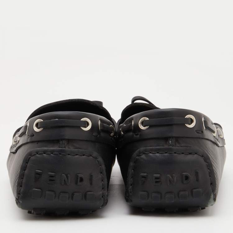 Pre Owned Fendi Brown/Black Zucca Canvas and Leather Bow Loafers Size 43
