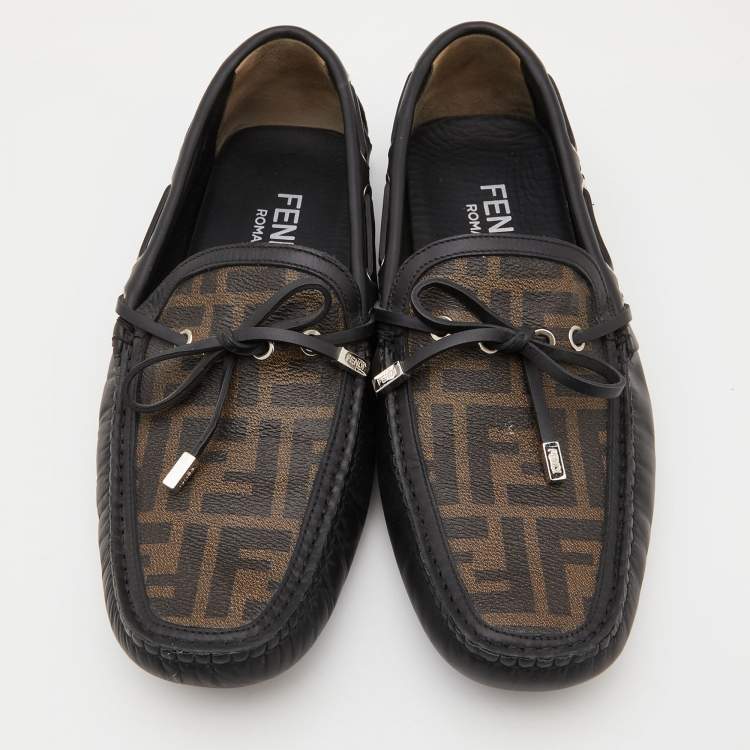 Pre Owned Fendi Brown/Black Zucca Canvas and Leather Bow Loafers Size 43