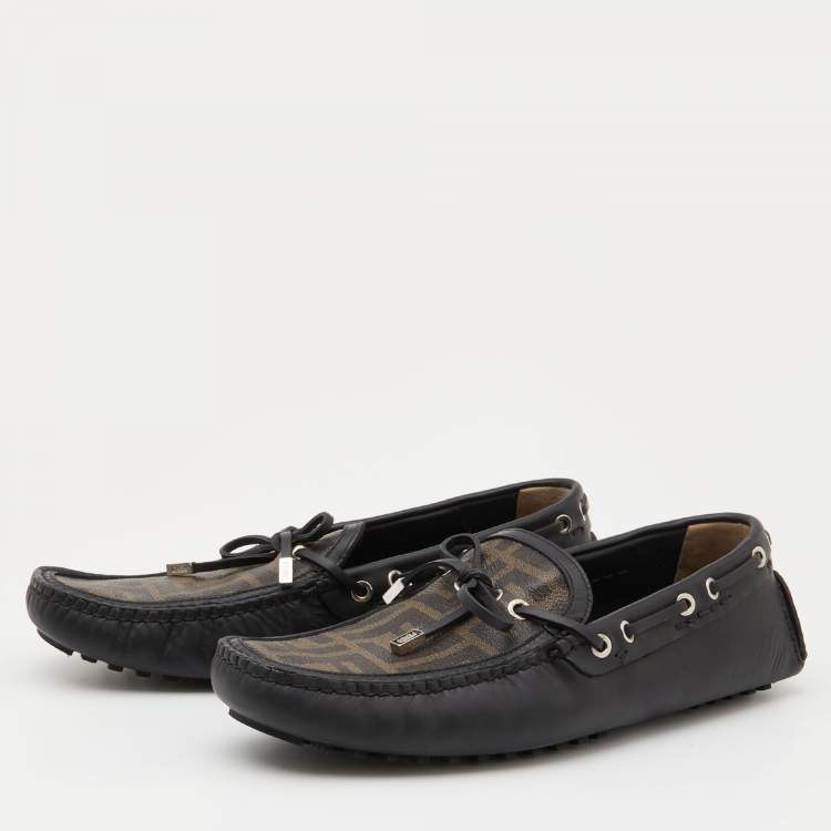 Pre Owned Fendi Brown/Black Zucca Canvas and Leather Bow Loafers Size 43