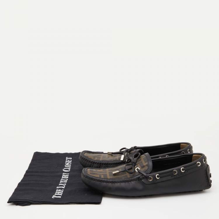 Pre Owned Fendi Brown/Black Zucca Canvas and Leather Bow Loafers Size 43