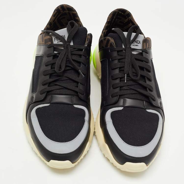 Pre Owned Fendi Black/Brown Leather and Zucca Canvas Low Top Sneakers Size 44