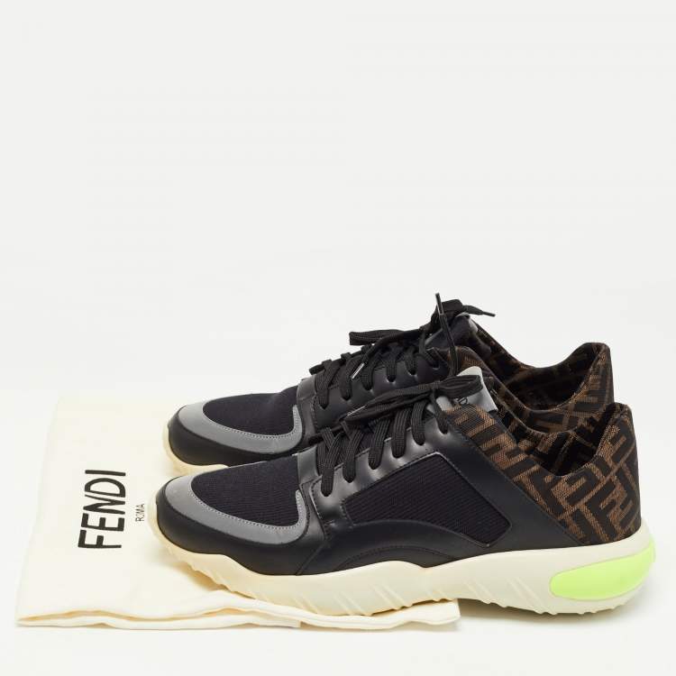 Pre Owned Fendi Black/Brown Leather and Zucca Canvas Low Top Sneakers Size 44