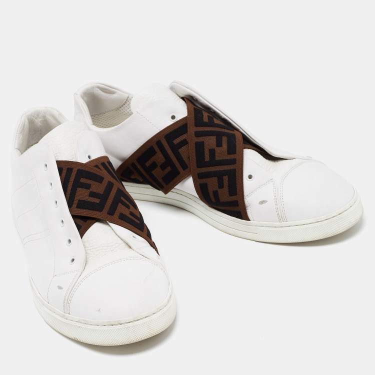 Pre Owned Fendi White Leather FF Crisscross Strap Slip On Sneakers Size 43.5