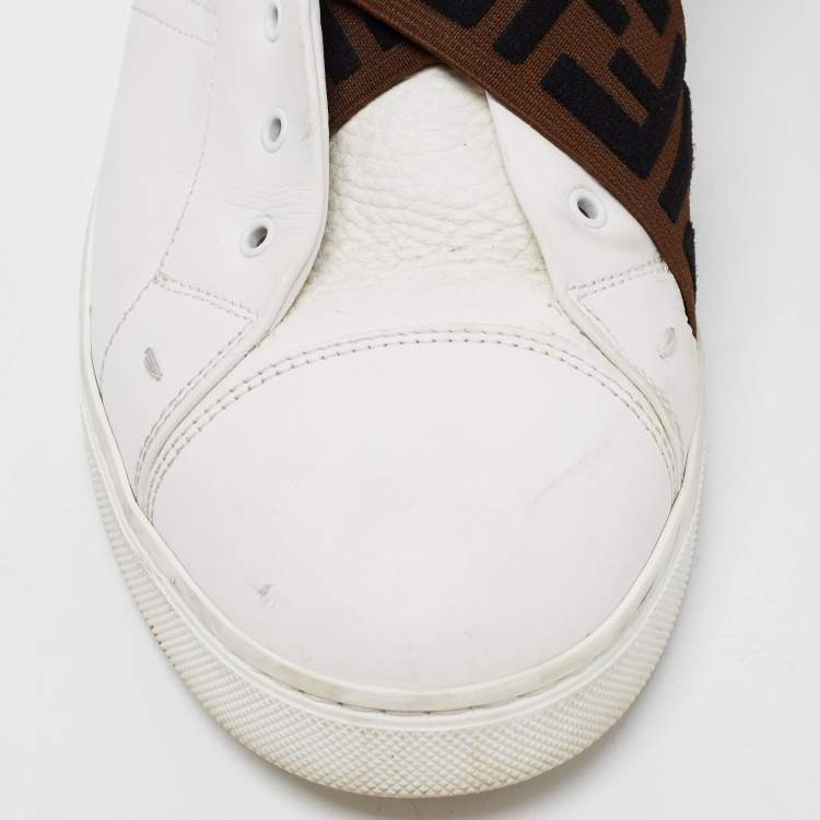 Pre Owned Fendi White Leather FF Crisscross Strap Slip On Sneakers Size 43.5