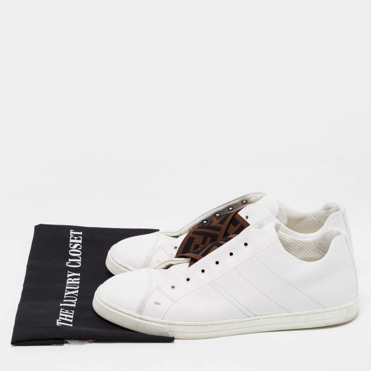 Pre Owned Fendi White Leather FF Crisscross Strap Slip On Sneakers Size 43.5