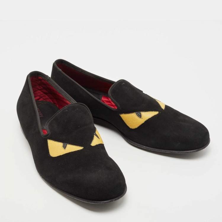 Pre Owned Fendi Black/Yellow Suede Monster Eyes Slip On Sneakers Size 44