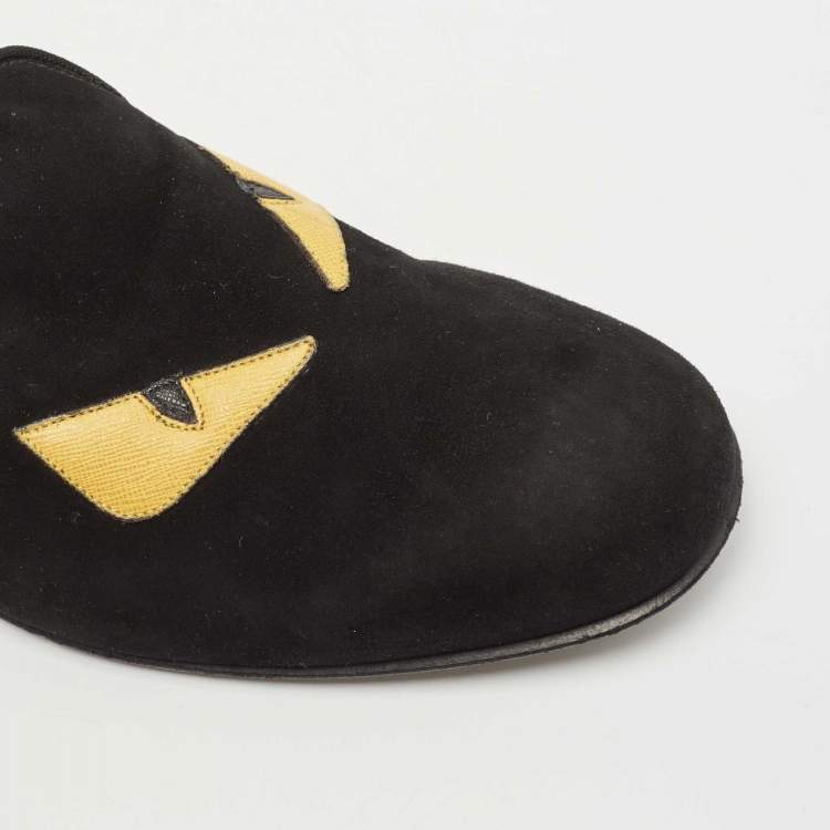 Pre Owned Fendi Black/Yellow Suede Monster Eyes Slip On Sneakers Size 44