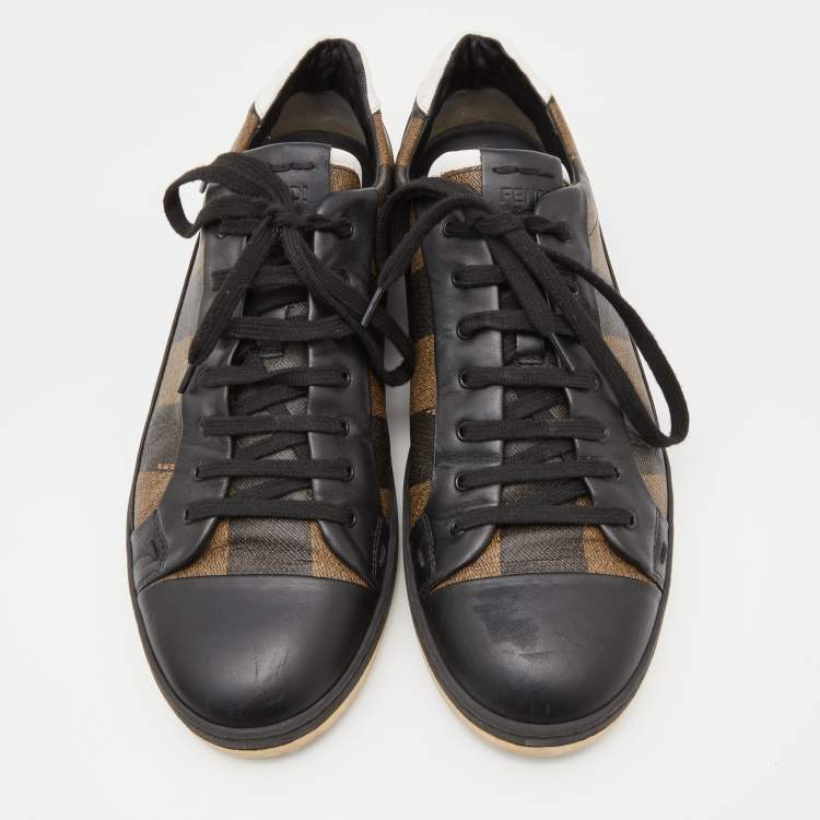 Pre Owned Fendi Brown/Black Striped Canvas and Leather Low Top Sneakers Size 43