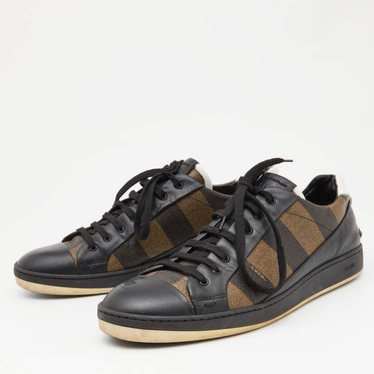 Pre Owned Fendi Brown/Black Striped Canvas and Leather Low Top Sneakers Size 43