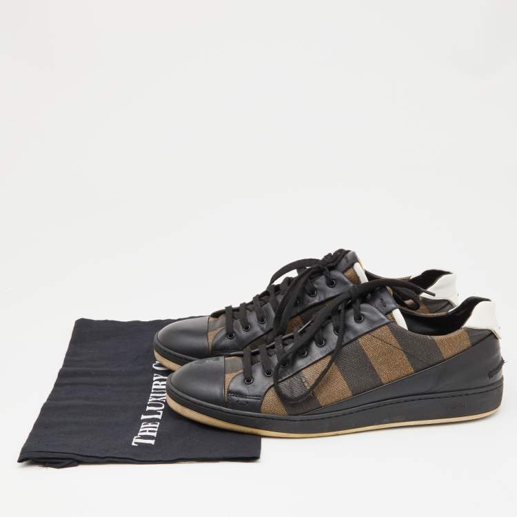 Pre Owned Fendi Brown/Black Striped Canvas and Leather Low Top Sneakers Size 43