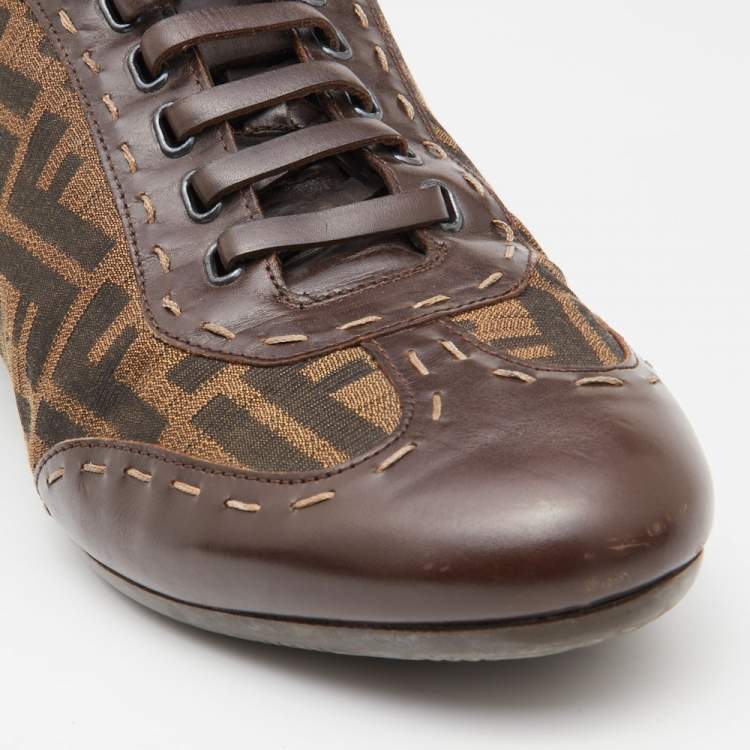 Pre Owned Fendi Brown Zucca Canvas and Leather Trim Lace Up Sneakers Size 45