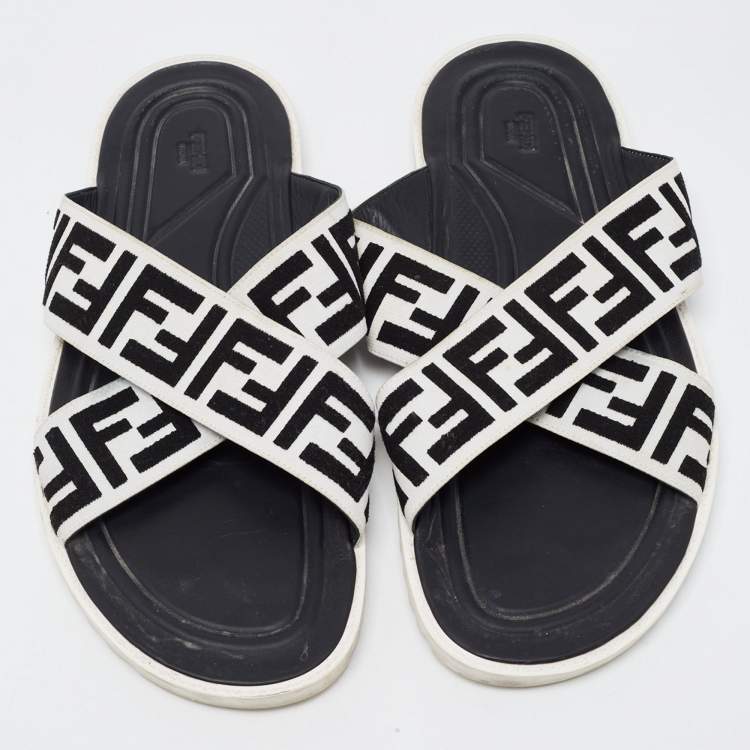 Pre Owned Fendi White/Black Zucca Canvas Crisscross Slides Size 46