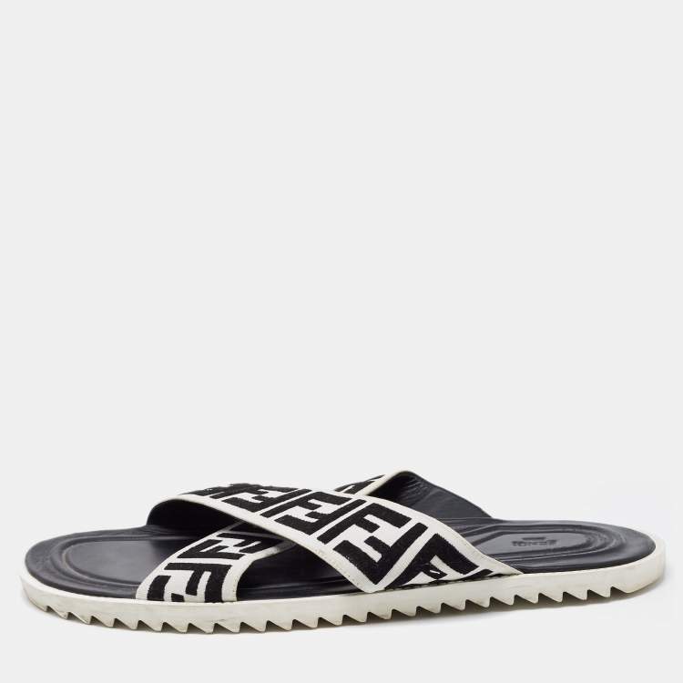 Pre Owned Fendi White/Black Zucca Canvas Crisscross Slides Size 46