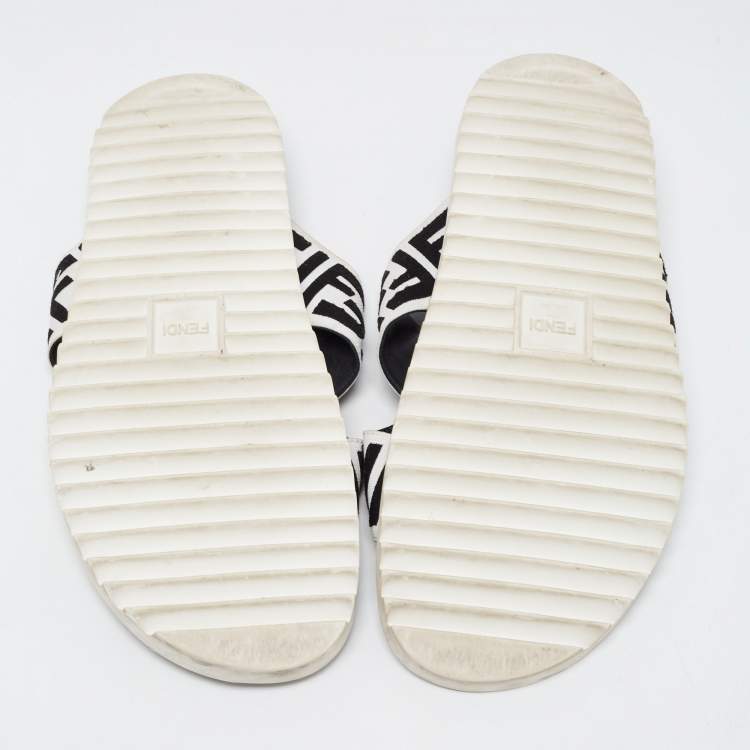 Pre Owned Fendi White/Black Zucca Canvas Crisscross Slides Size 46