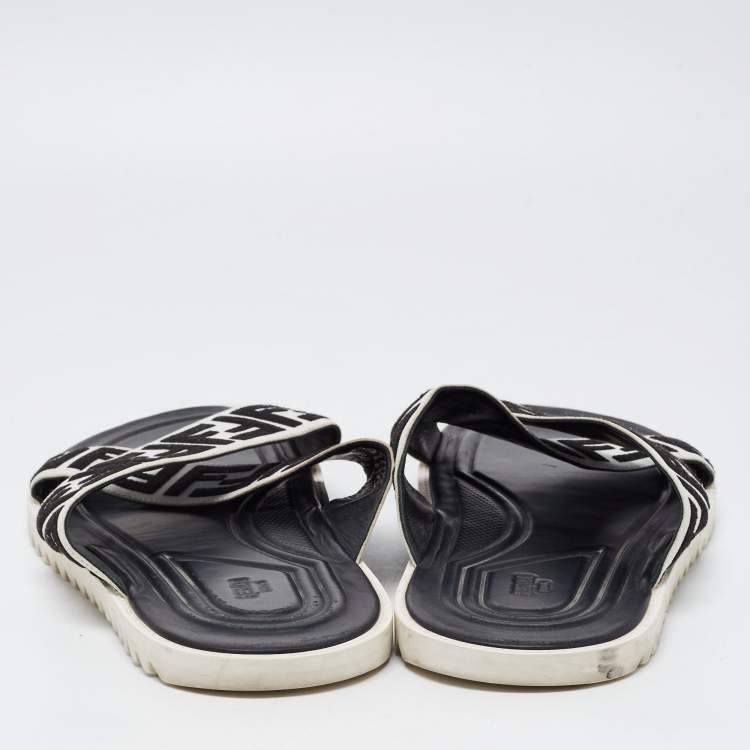 Pre Owned Fendi White/Black Zucca Canvas Crisscross Slides Size 46