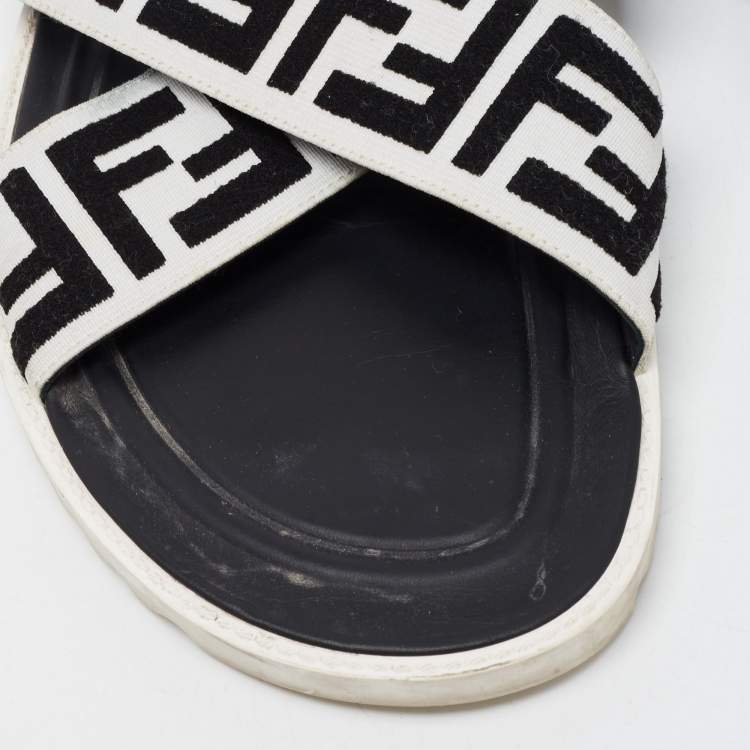 Pre Owned Fendi White/Black Zucca Canvas Crisscross Slides Size 46