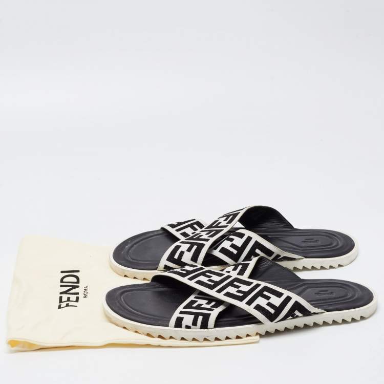 Pre Owned Fendi White/Black Zucca Canvas Crisscross Slides Size 46