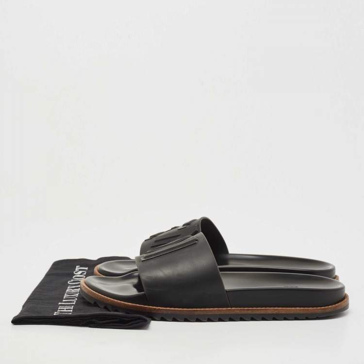 Pre Owned Fendi Black Rubber Logo Flat Slides Size 43