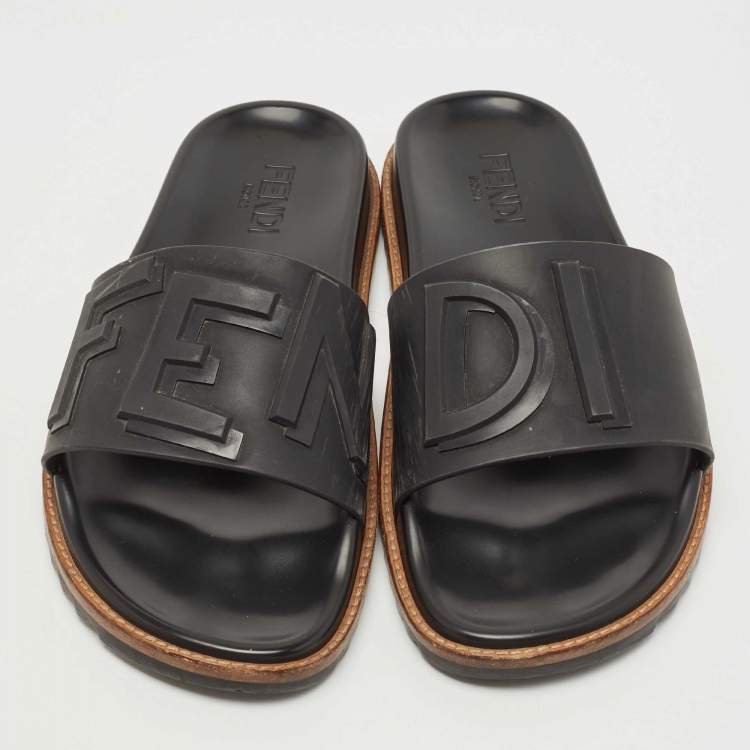 Pre Owned Fendi Black Rubber Logo Flat Slides Size 43