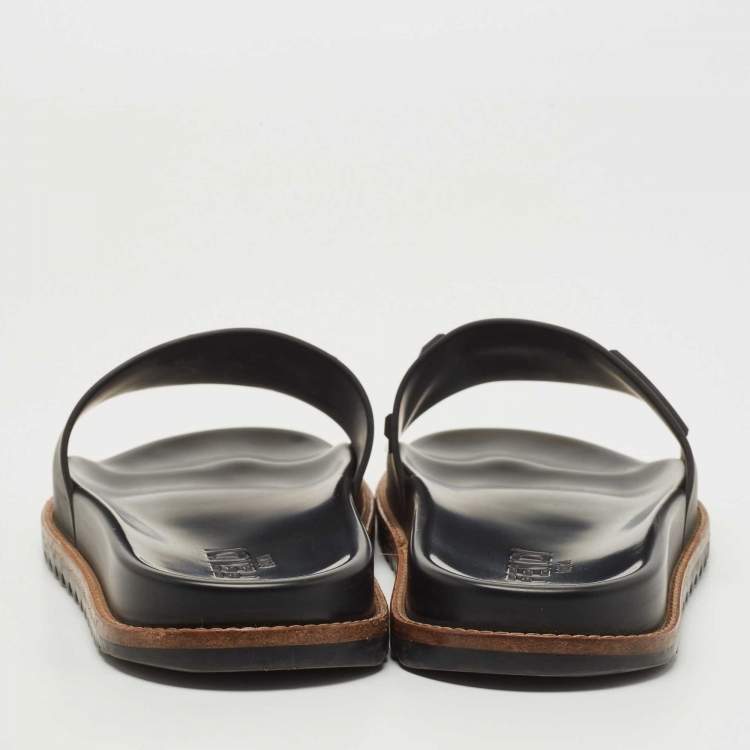 Pre Owned Fendi Black Rubber Logo Flat Slides Size 43