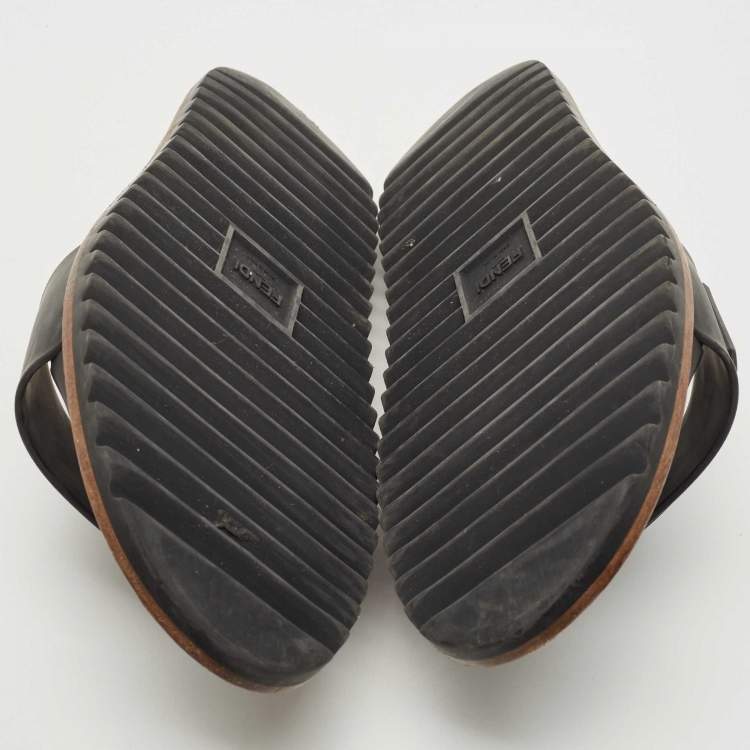 Pre Owned Fendi Black Rubber Logo Flat Slides Size 43