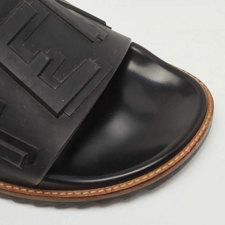 Pre Owned Fendi Black Rubber Logo Flat Slides Size 43