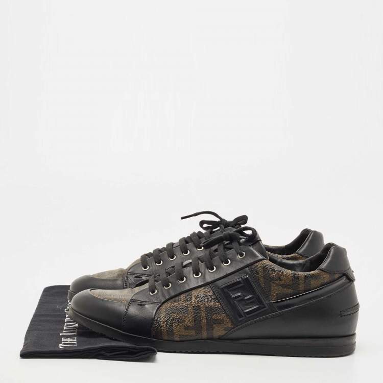 Pre Owned Fendi Brown/Black Zucca Canvas and Leather Low Top Sneakers Size 46